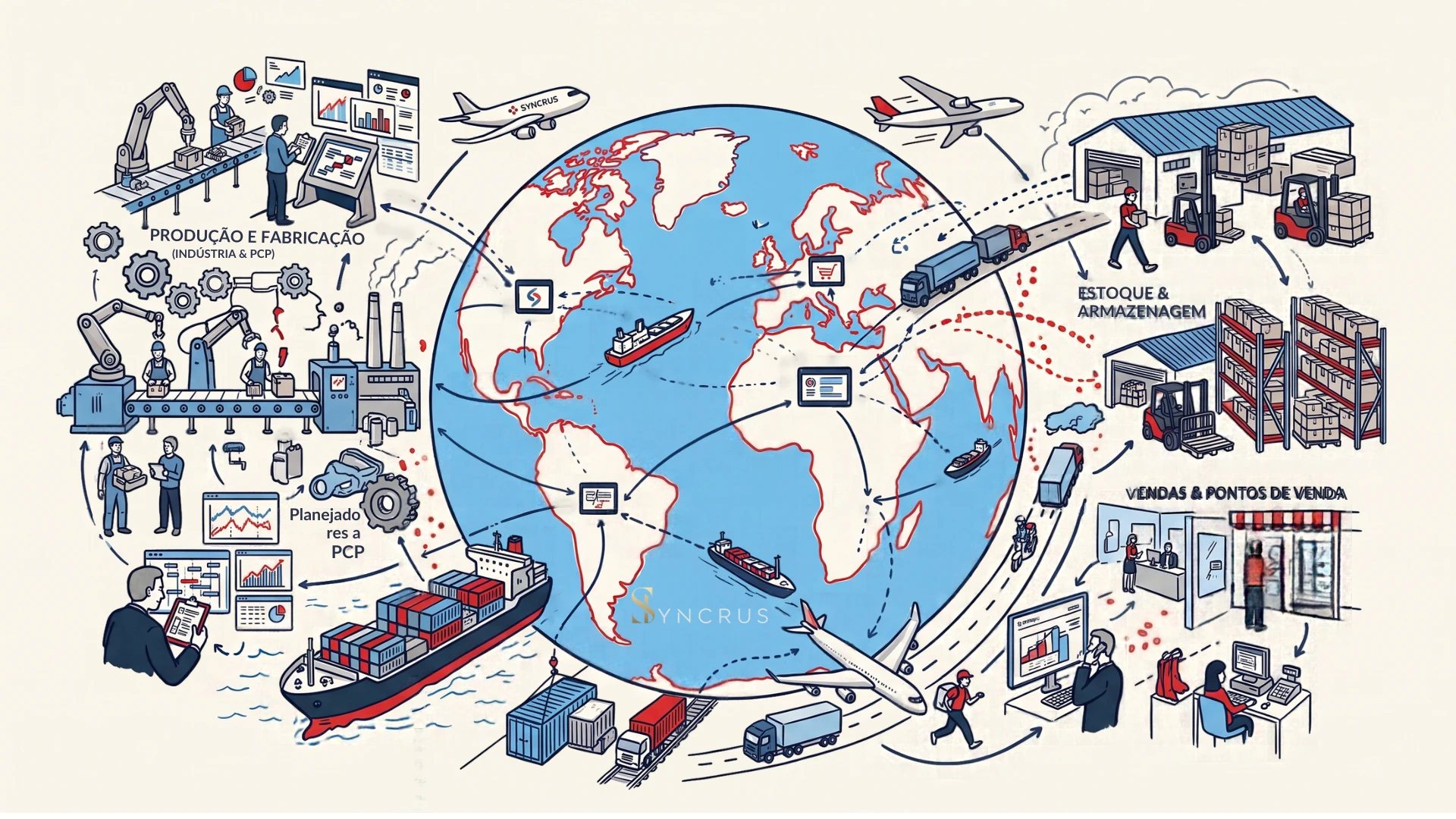 Ilustração da cadeia de suprimentos Syncrus: produção e PCP, transporte global, estoque e armazenagem, vendas e pontos de venda, conectados ao redor do globo